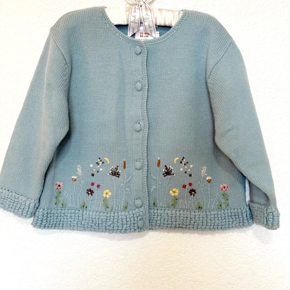 Vintage Jacadi NWOT Girls Wool Blend Blue Cardigan size 18-24 months Embroidered - Picture 2 of 14